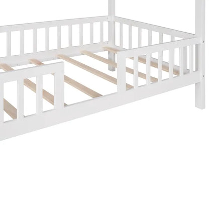 Twin Size Wood House Bed with Fence