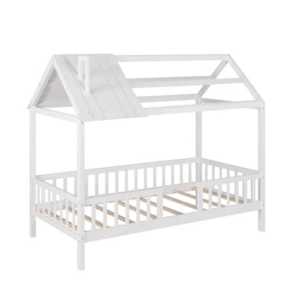 Twin Size Wood House Bed with Fence