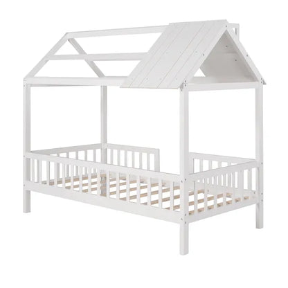 Twin Size Wood House Bed with Fence