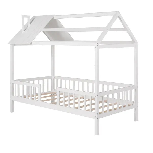 Twin Size Wood House Bed with Fence