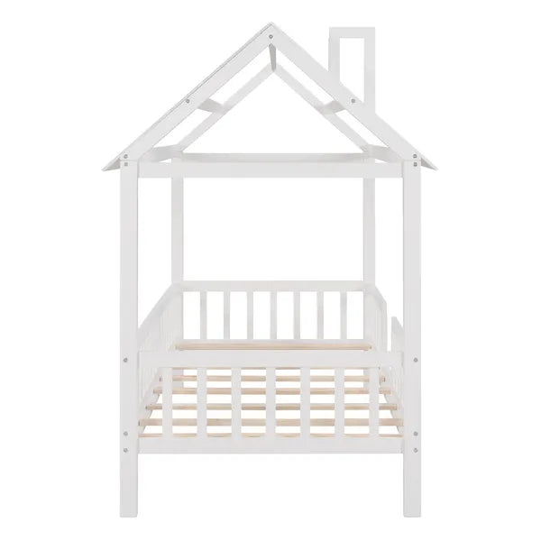 Twin Size Wood House Bed with Fence