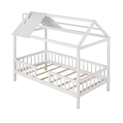 Twin Size Wood House Bed with Fence