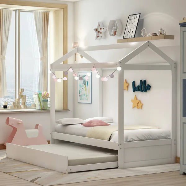 Unique House Bed with Trundle, Customizable Design, Charming White