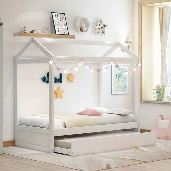 Unique House Bed with Trundle, Customizable Design, Charming White