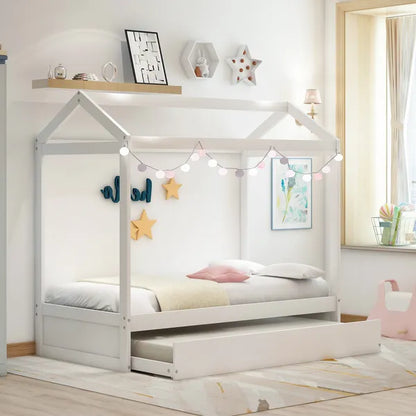 Unique House Bed with Trundle, Customizable Design, Charming White