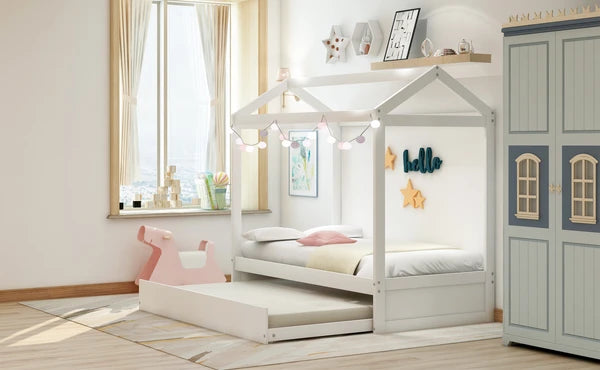 Unique House Bed with Trundle, Customizable Design, Charming White