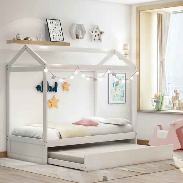 Unique House Bed with Trundle, Customizable Design, Charming White