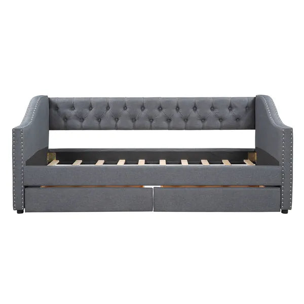 Upholstered Twin Size daybed with Two Drawers, Wood Slat Support, Gray