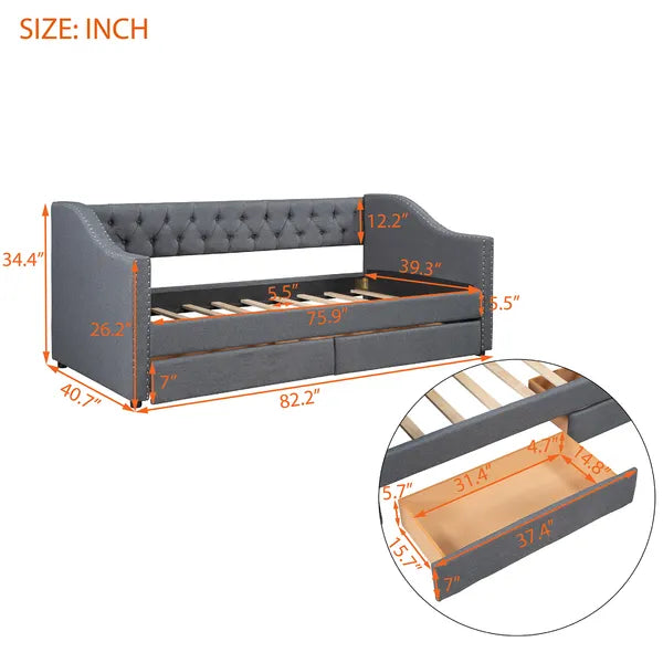 Upholstered Twin Size daybed with Two Drawers, Wood Slat Support, Gray