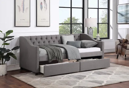 Upholstered Twin Size daybed with Two Drawers, Wood Slat Support, Gray