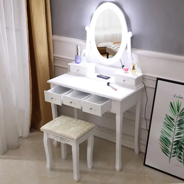 Vanity Table Set with Lighted Mirror, Makeup Dressing Table with 10 LED Lights, Touch Switch, 5 Drawers, Removable Organizer, 10 Dimmable Lights Makeup Table and Cushioned Stool Set (White)