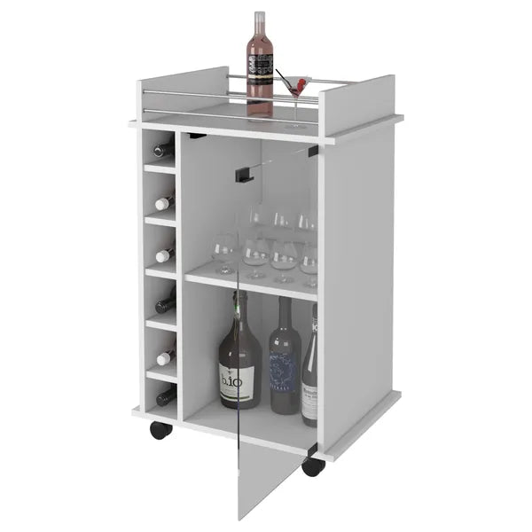 Vegas Bar Cart, Two Tier Cabinet With Glass Door, Six Cubbies For Liquor