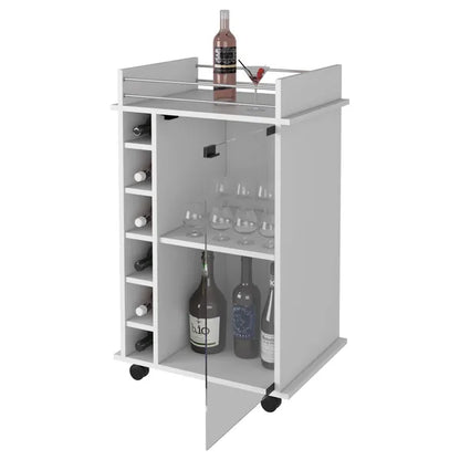 Vegas Bar Cart, Two Tier Cabinet With Glass Door, Six Cubbies For Liquor