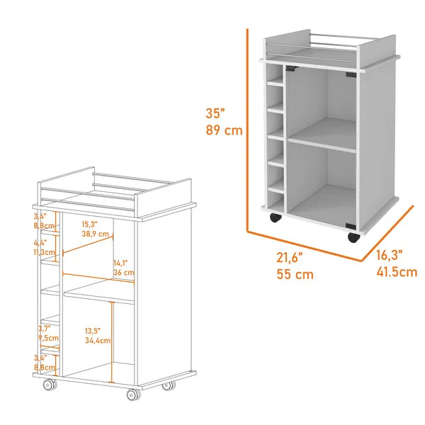 Vegas Bar Cart, Two Tier Cabinet With Glass Door, Six Cubbies For Liquor