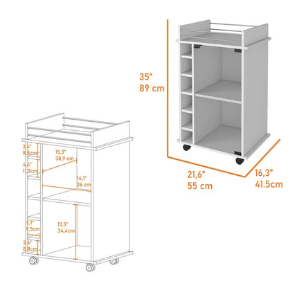 Vegas Bar Cart, Two Tier Cabinet With Glass Door, Six Cubbies For Liquor