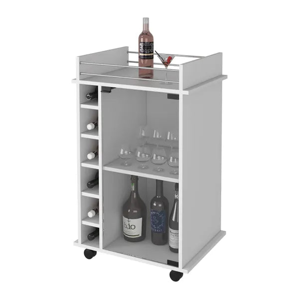 Vegas Bar Cart, Two Tier Cabinet With Glass Door, Six Cubbies For Liquor