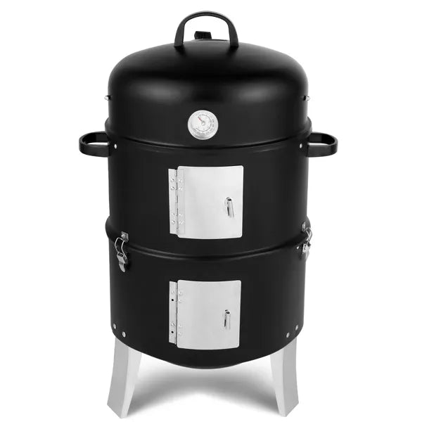 Vertical Steel Charcoal Smoker, Heavy Duty Double Layer Round BBQ Grill for Outdoor Cooking, Black