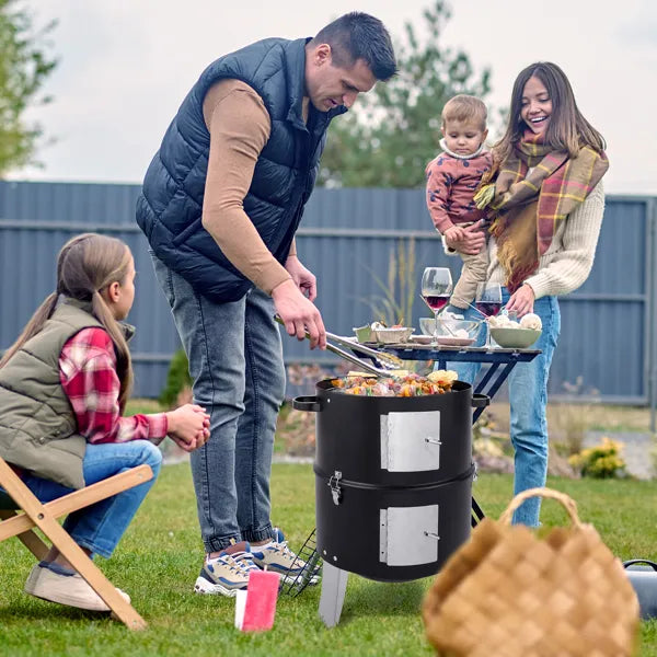 Vertical Steel Charcoal Smoker, Heavy Duty Double Layer Round BBQ Grill for Outdoor Cooking, Black