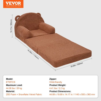 VEVOR Kids Couch, 2-in-1 Toddler Chairs Comfy, Toddler Couch Sofa Bed Fold Out, Convertible Sofa to Lounger, Kids Chair Seat Playroom Furniture for Kids Girls & Boys, Brown