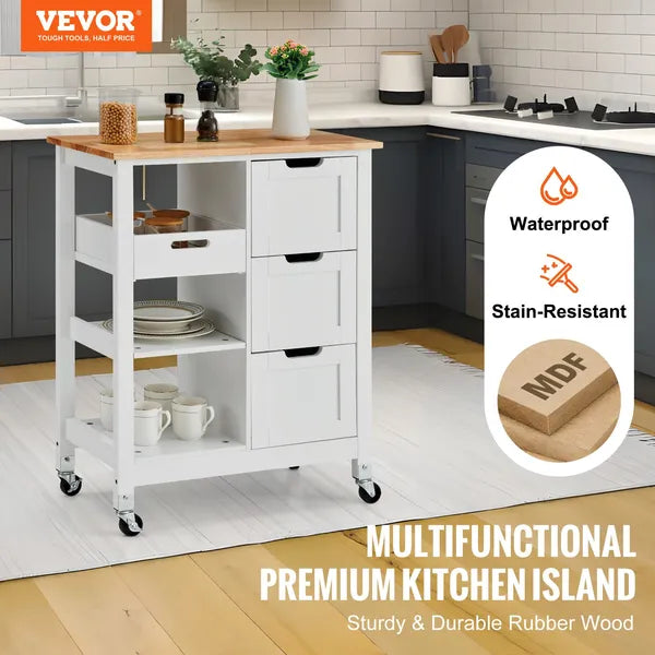 VEVOR Kitchen Island Cart Rolling Storage Cabinet on Wheel with Drawer & Shelves