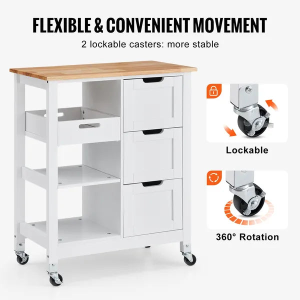 VEVOR Kitchen Island Cart Rolling Storage Cabinet on Wheel with Drawer & Shelves