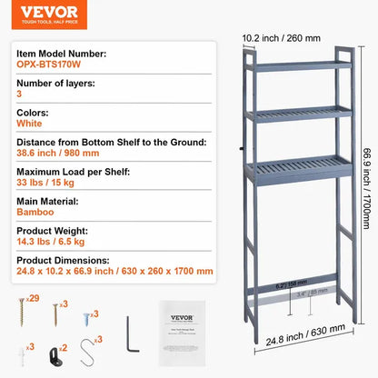 VEVOR Over the Toilet Storage 3-Tier Bathroom Shelf Rack Space Saver Organizer