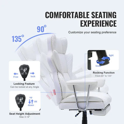 VEVOR Reclining Office Chair with Footrest, Heavy Duty PU Leather Wide Office Chair, Big and Tall Executive Office Chairs with Lumbar Support, Strong Metal Base Quiet Wheels, White