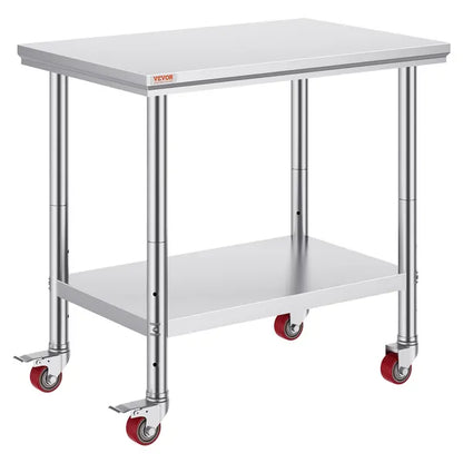 VEVOR Stainless Steel Work Table 36x24 Inch with 4 Wheels Commercial Food Prep Worktable with Casters Heavy Duty Work Table for Commercial Kitchen Restaurant