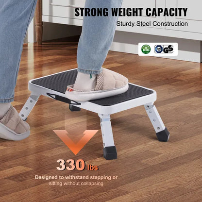 VEVOR Step Stool 1-Step 330lbs Capacity, Folding Steel Step Ladder 3 Adjustable Height, Portable Toddler Step Stools for Adults, Non-Slip Sturdy Step Ladders for Office, RVs, Pets, Bathrooms,Bedrooms