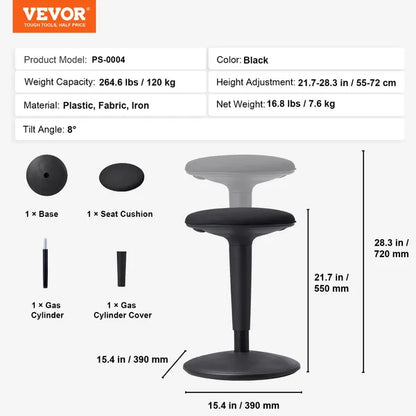 VEVOR Wobble Chair, Height-Adjustable (21.7-28.3") Active Chair, Flexible Seating Wobble Stool Made of Iron Improves Focus & Posture, Ideal for Schools, Office and Home, 8° Tilt Angle, Age 12-18 Black