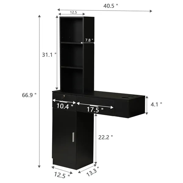 SALEWall Mount Hair Styling Barber Station Beauty Hair Salon Spa Equipment Set W/ 3-Tier Shelf;  Lockable Drawer;  Black XH