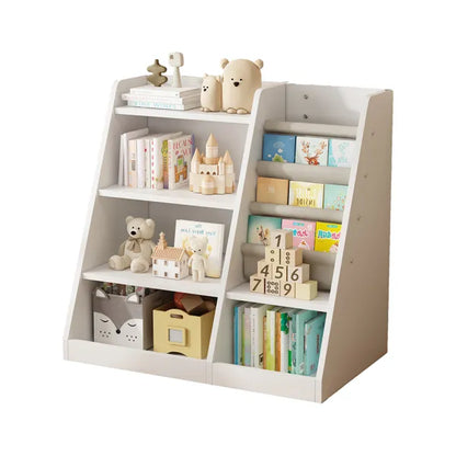 White Wooden Toy Storage Organizer Cabinet Kids Bookshelf Children Bookcase Toddler Baby Sling Book Rack Adjustable Shelf for Playroom Bedroom Nursery Hallway School Kindergarten Living Room