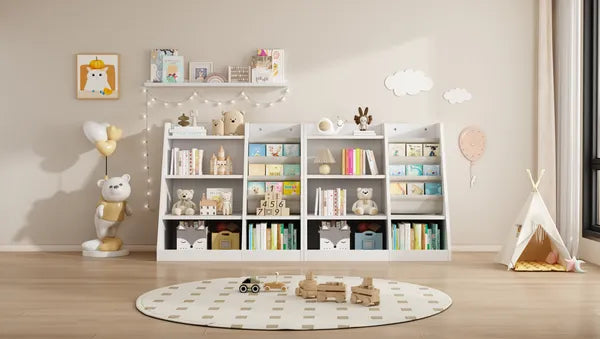 White Wooden Toy Storage Organizer Cabinet Kids Bookshelf Children Bookcase Toddler Baby Sling Book Rack Adjustable Shelf for Playroom Bedroom Nursery Hallway School Kindergarten Living Room