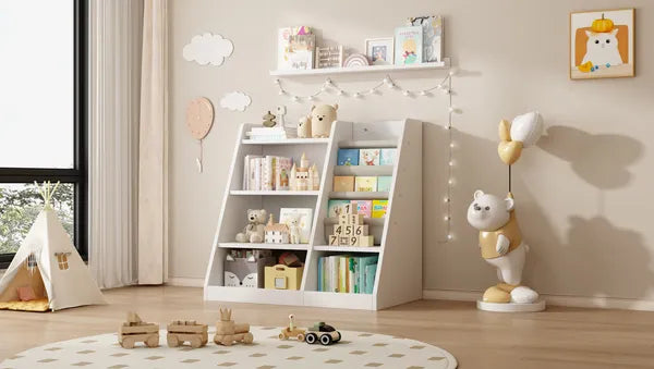 White Wooden Toy Storage Organizer Cabinet Kids Bookshelf Children Bookcase Toddler Baby Sling Book Rack Adjustable Shelf for Playroom Bedroom Nursery Hallway School Kindergarten Living Room