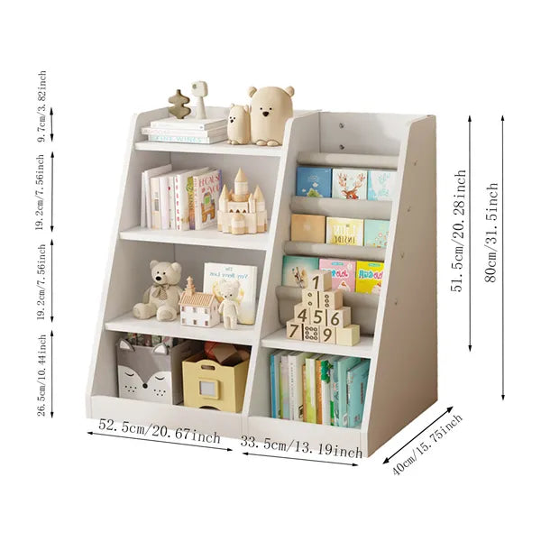 White Wooden Toy Storage Organizer Cabinet Kids Bookshelf Children Bookcase Toddler Baby Sling Book Rack Adjustable Shelf for Playroom Bedroom Nursery Hallway School Kindergarten Living Room