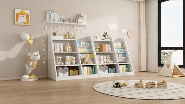 White Wooden Toy Storage Organizer Cabinet Kids Bookshelf Children Bookcase Toddler Baby Sling Book Rack Adjustable Shelf for Playroom Bedroom Nursery Hallway School Kindergarten Living Room