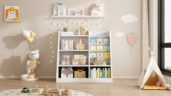 White Wooden Toy Storage Organizer Cabinet Kids Bookshelf Children Bookcase Toddler Baby Sling Book Rack Adjustable Shelf for Playroom Bedroom Nursery Hallway School Kindergarten Living Room