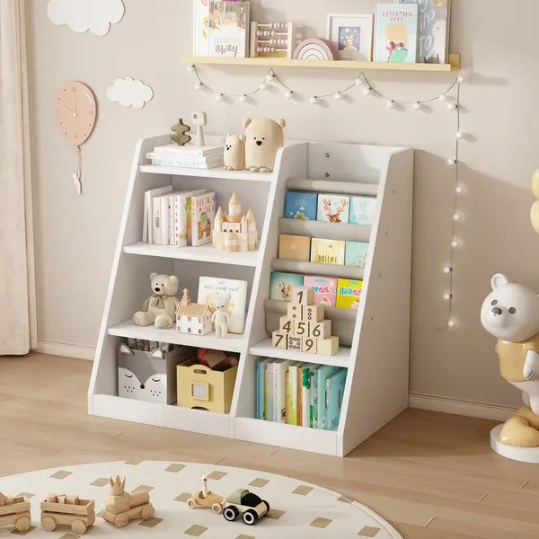 White Wooden Toy Storage Organizer Cabinet Kids Bookshelf Children Bookcase Toddler Baby Sling Book Rack Adjustable Shelf for Playroom Bedroom Nursery Hallway School Kindergarten Living Room