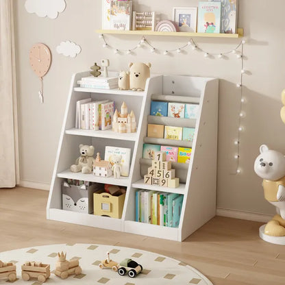 White Wooden Toy Storage Organizer Cabinet Kids Bookshelf Children Bookcase Toddler Baby Sling Book Rack Adjustable Shelf for Playroom Bedroom Nursery Hallway School Kindergarten Living Room