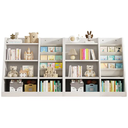 White Wooden Toy Storage Organizer Cabinet Kids Bookshelf Children Bookcase Toddler Baby Sling Book Rack Adjustable Shelf for Playroom Bedroom Nursery Hallway School Kindergarten Living Room