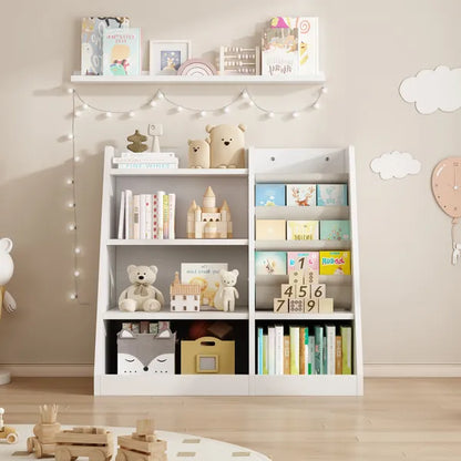 White Wooden Toy Storage Organizer Cabinet Kids Bookshelf Children Bookcase Toddler Baby Sling Book Rack Adjustable Shelf for Playroom Bedroom Nursery Hallway School Kindergarten Living Room