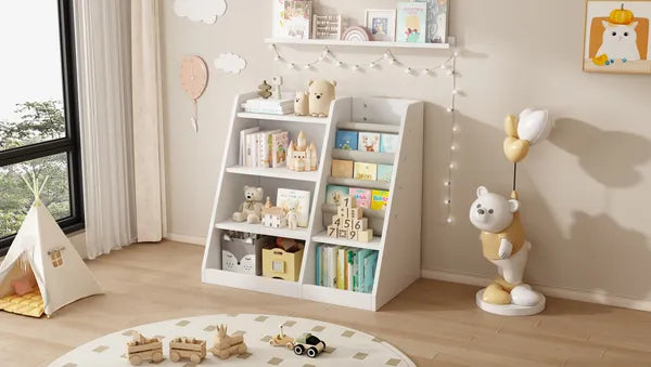 White Wooden Toy Storage Organizer Cabinet Kids Bookshelf Children Bookcase Toddler Baby Sling Book Rack Adjustable Shelf for Playroom Bedroom Nursery Hallway School Kindergarten Living Room