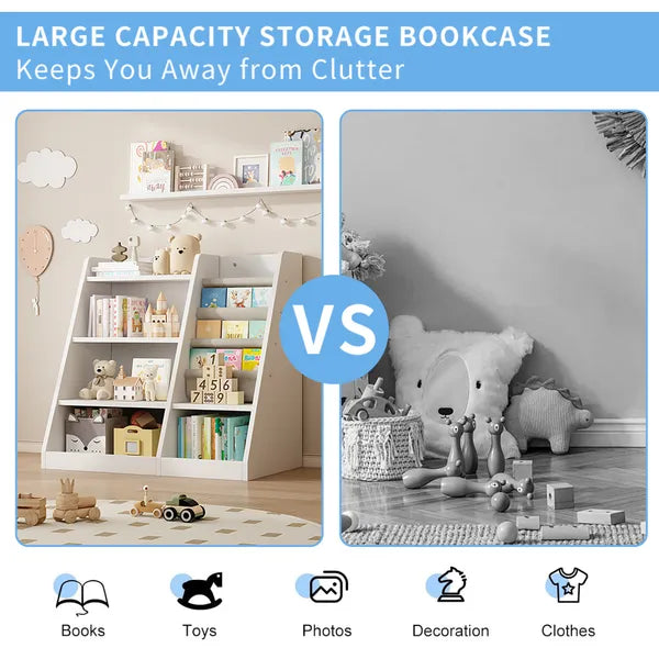 White Wooden Toy Storage Organizer Cabinet Kids Bookshelf Children Bookcase Toddler Baby Sling Book Rack Adjustable Shelf for Playroom Bedroom Nursery Hallway School Kindergarten Living Room