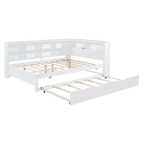 Wooden Full Size DayBed with Twin Size Trundle, DayBed with Storage Shelf and USB Charging Ports,White