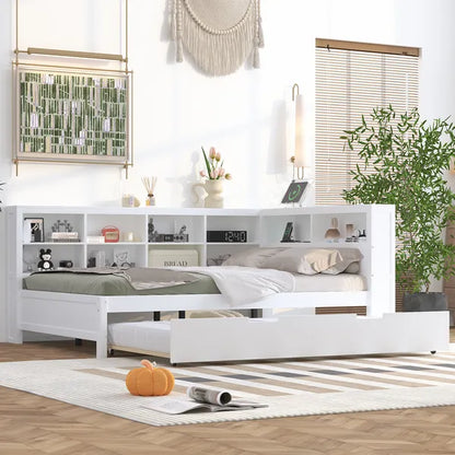 Wooden Full Size DayBed with Twin Size Trundle, DayBed with Storage Shelf and USB Charging Ports,White