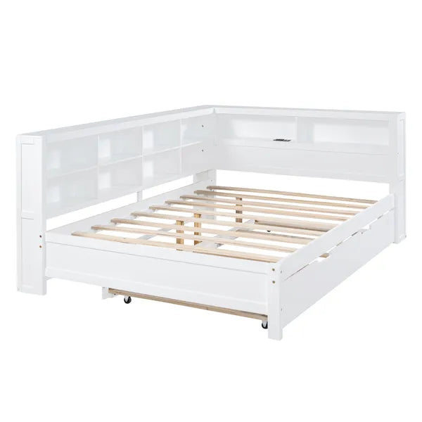 Wooden Full Size DayBed with Twin Size Trundle, DayBed with Storage Shelf and USB Charging Ports,White