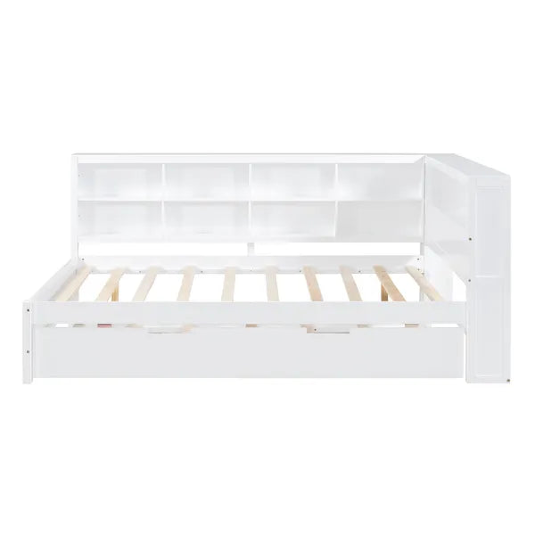 Wooden Full Size DayBed with Twin Size Trundle, DayBed with Storage Shelf and USB Charging Ports,White