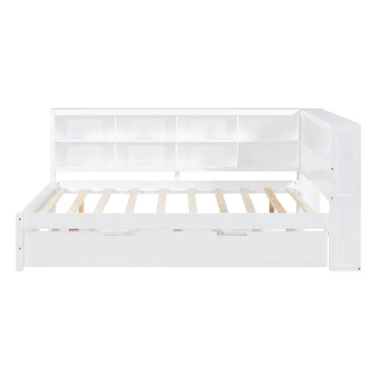 Wooden Full Size DayBed with Twin Size Trundle, DayBed with Storage Shelf and USB Charging Ports,White