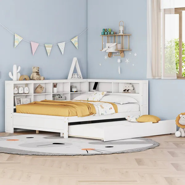 Wooden Full Size DayBed with Twin Size Trundle, DayBed with Storage Shelf and USB Charging Ports,White