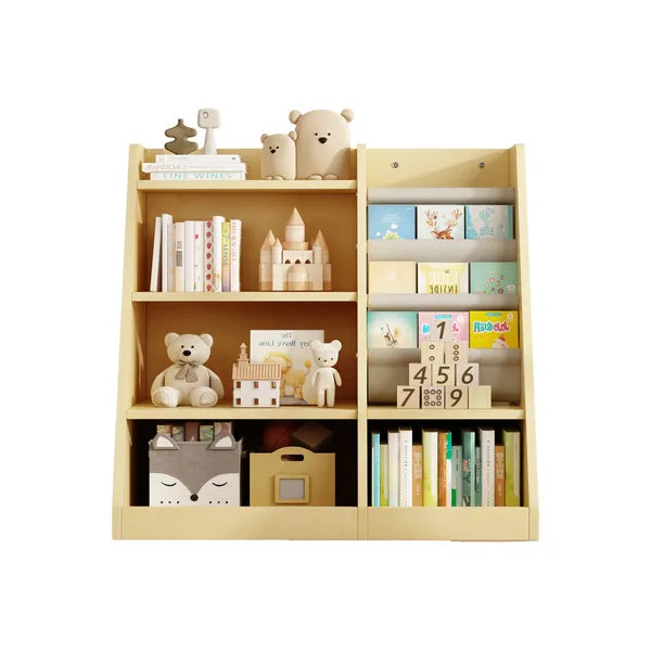 Wooden Toy Storage Organizer Cabinet Natural/ Wood Kids Bookshelf Children Bookcase Toddler Baby Sling Book Rack Adjustable Shelf for Playroom Bedroom Nursery Hallway School Kindergarten Living room